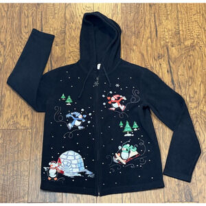 Essentials By Maggie Christmas Sweater Black Zip Up Hoodie - Women’s Size S